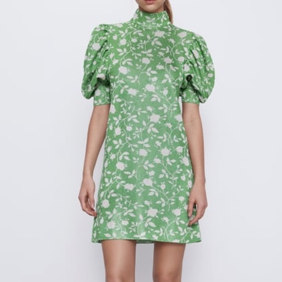 NWT Zara Green Floral Jacquard Dress Sz L - Picture 2 of 16